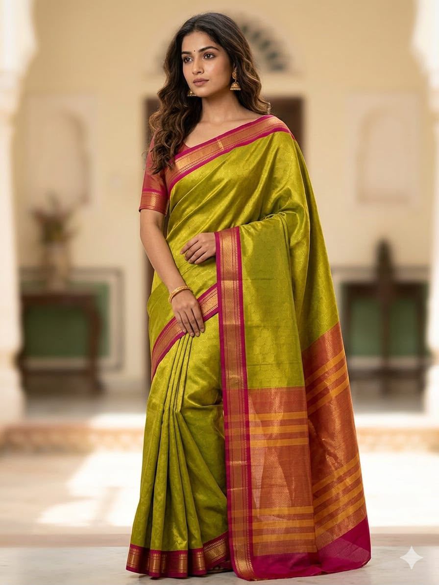 Cream Gold Silk Blend Saree with Blue Mustard Striped Pallu